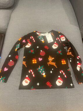 NWT H&M Black Christmas  Graphics Print Long Sleeve Tee, Size 6x/7
